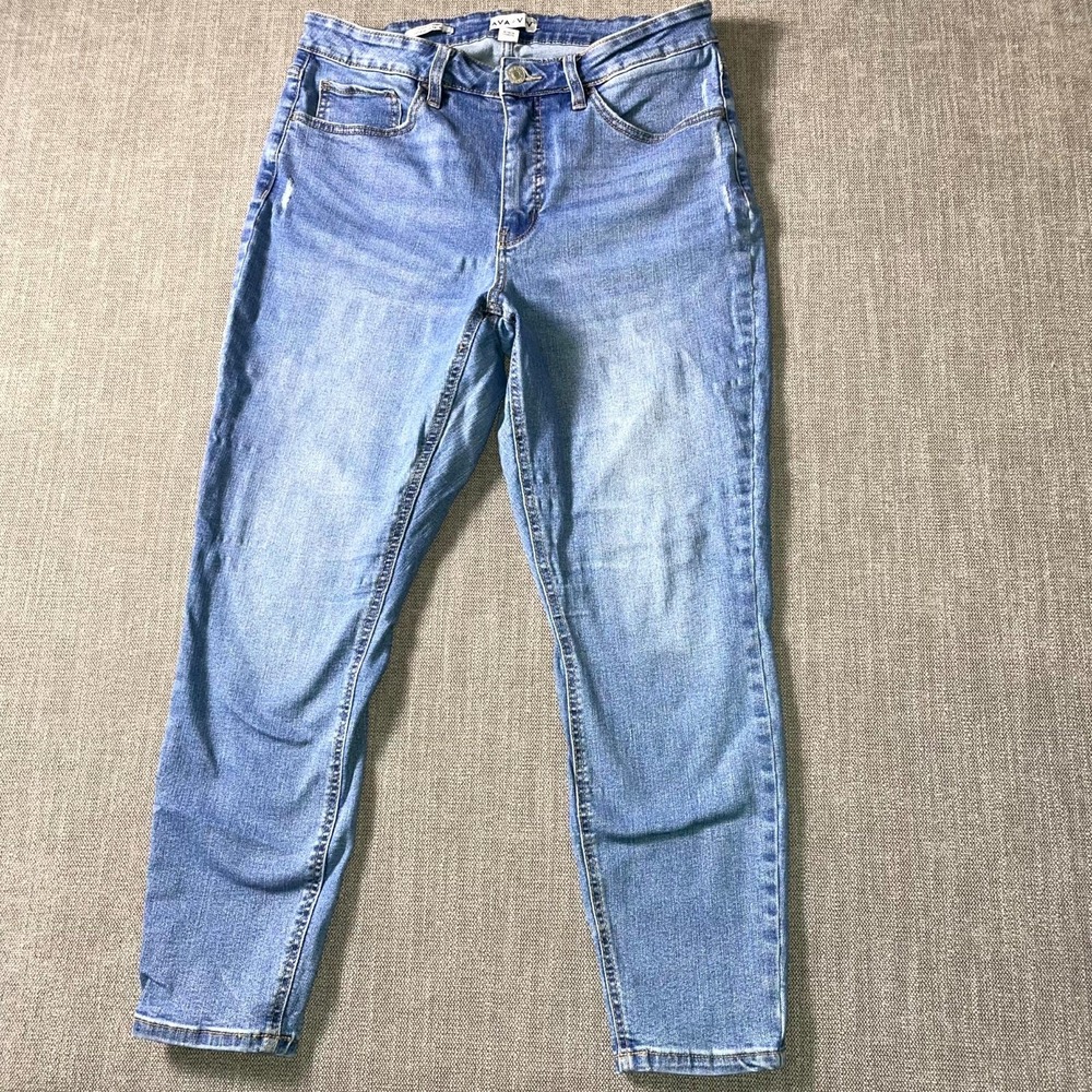 Ava‎ & Viv Jeans Womens 16 Blue Denim Distressed High Rise Skinny Leg Whiskering